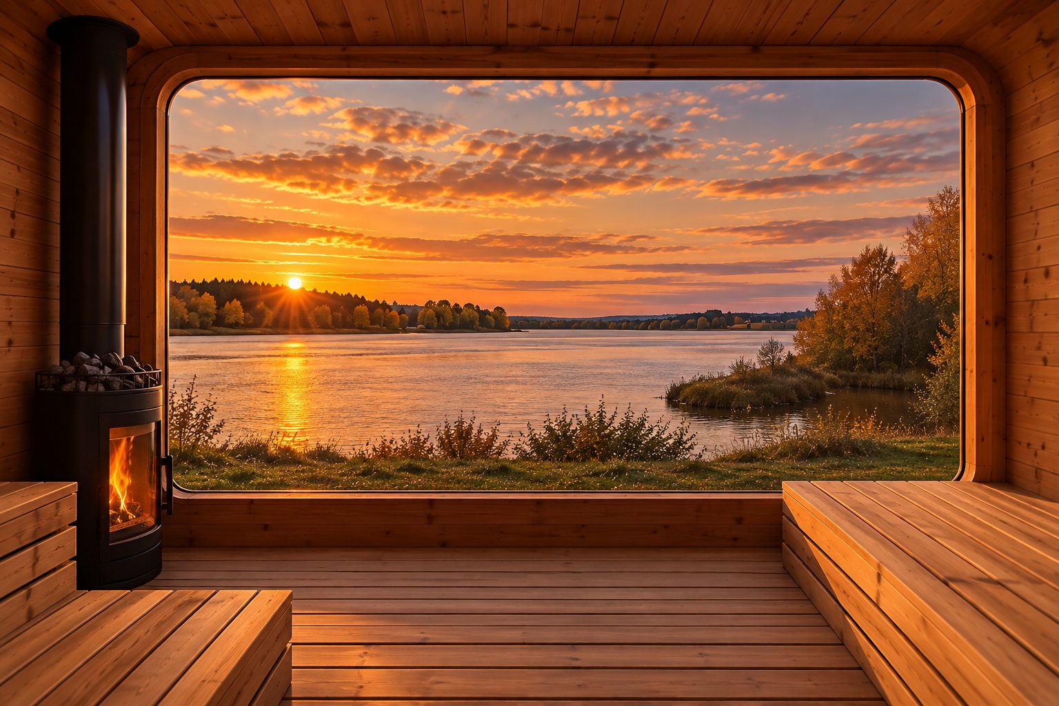 Utsikt over Glomma i solnedgang gjennom panoramavinduet, med vedovnen til venstre